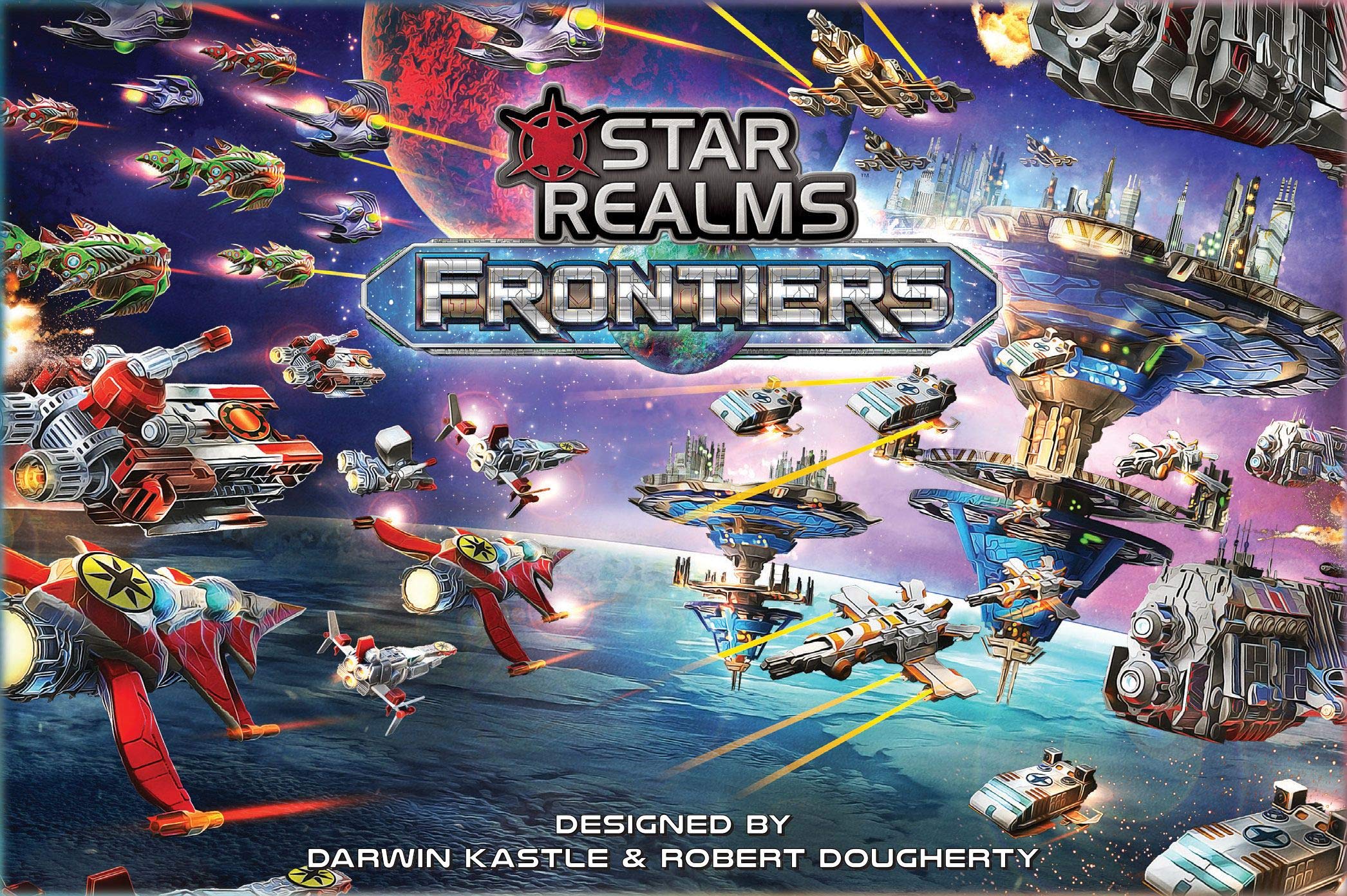 Wise Wizard Games Star Realms Frontiers Boxed Set components displaying new ships and bases for strategy.