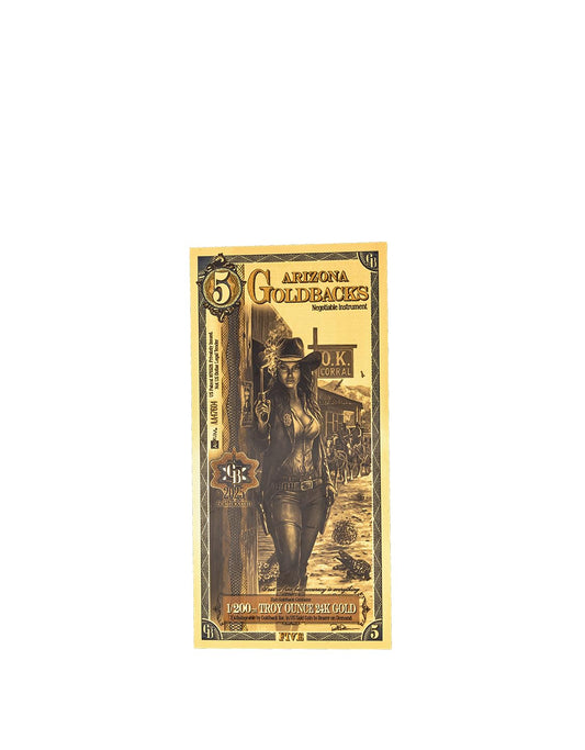 Wisemen Trading Arizona 5 Goldback front view, ideal for display and collection of 24K notes.