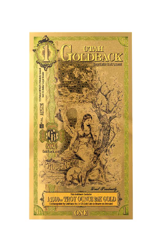 Wisemen Trading Utah 1GB Goldback note with Prudence, ideal for collectors and display