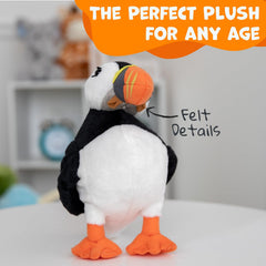 Wishpets Puffin plush back view emphasizes durable stitching for long-lasting play.
