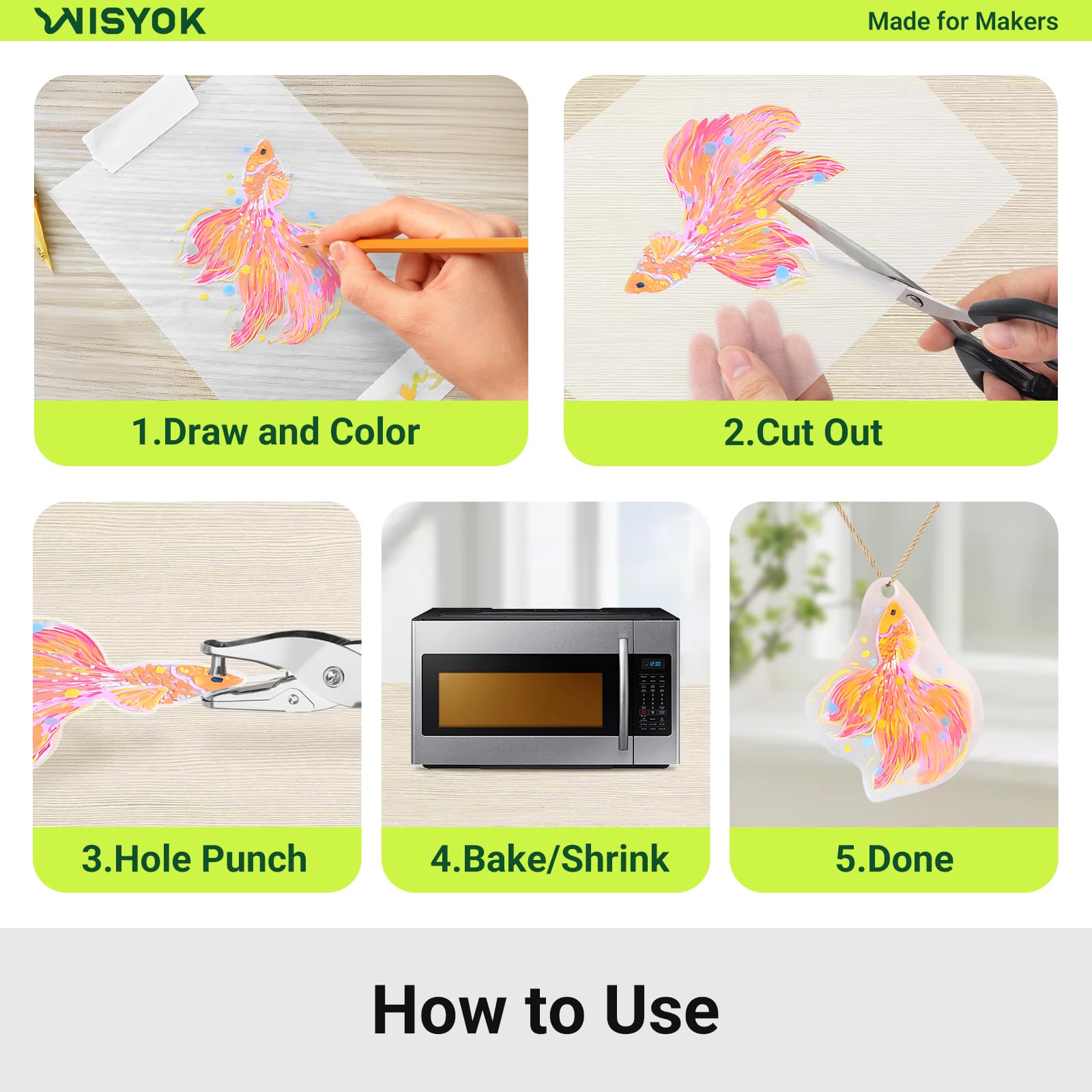 WISYOK baking-ready shrink art becomes durable miniatures for keychains.