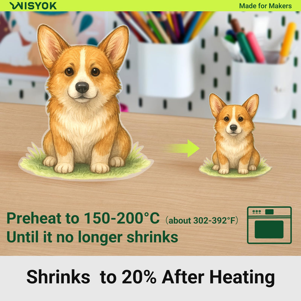 WISYOK simple-use shrink sheets for drawing, coloring, cutting, and baking.