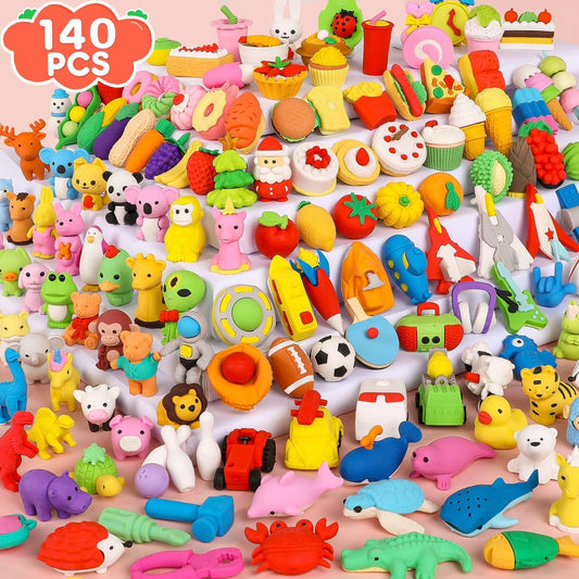 WITALENT 140-pack animal erasers for classroom fun and desk tidying.