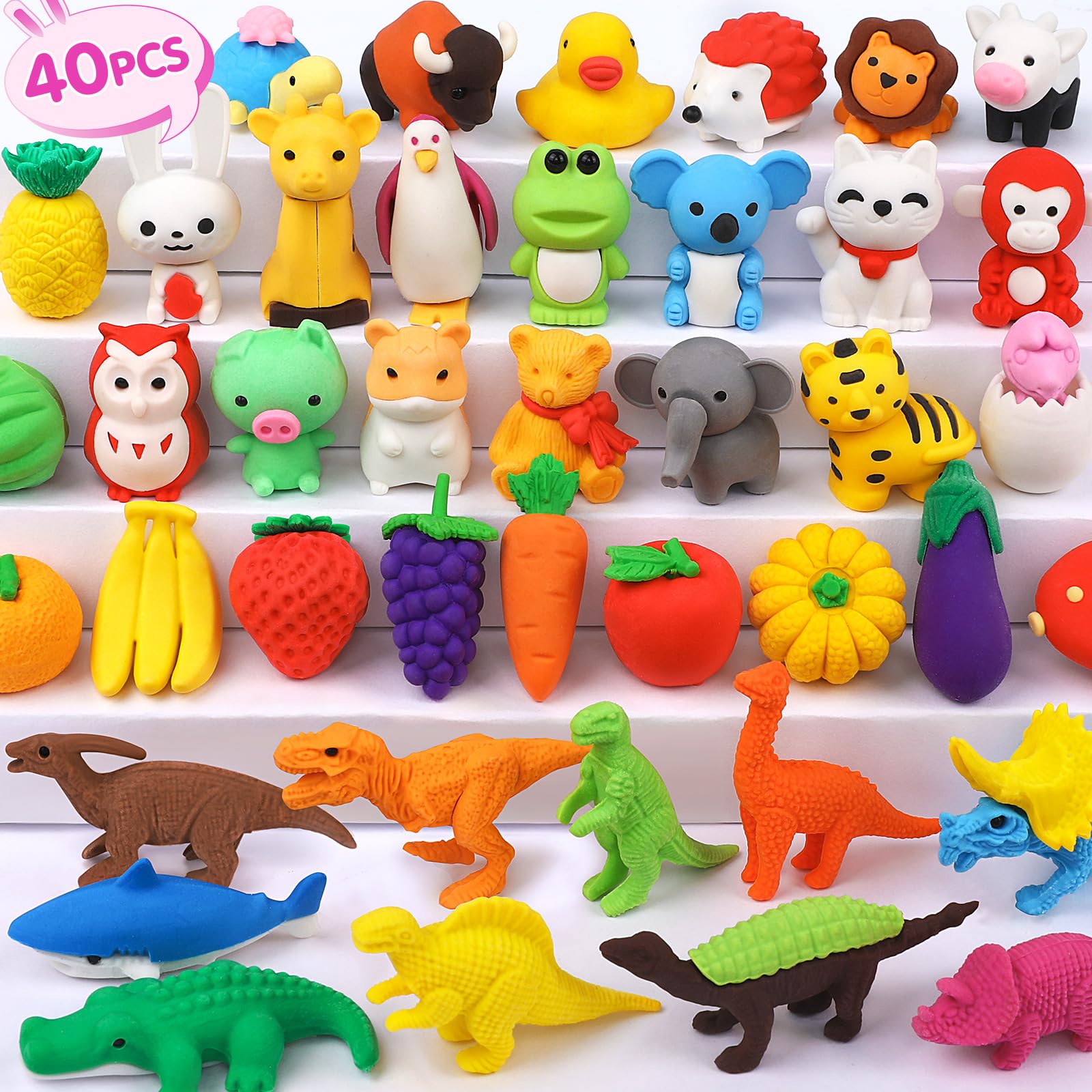 WITALENT animal erasers set featuring dinosaur and owl for playful learning and creativity.