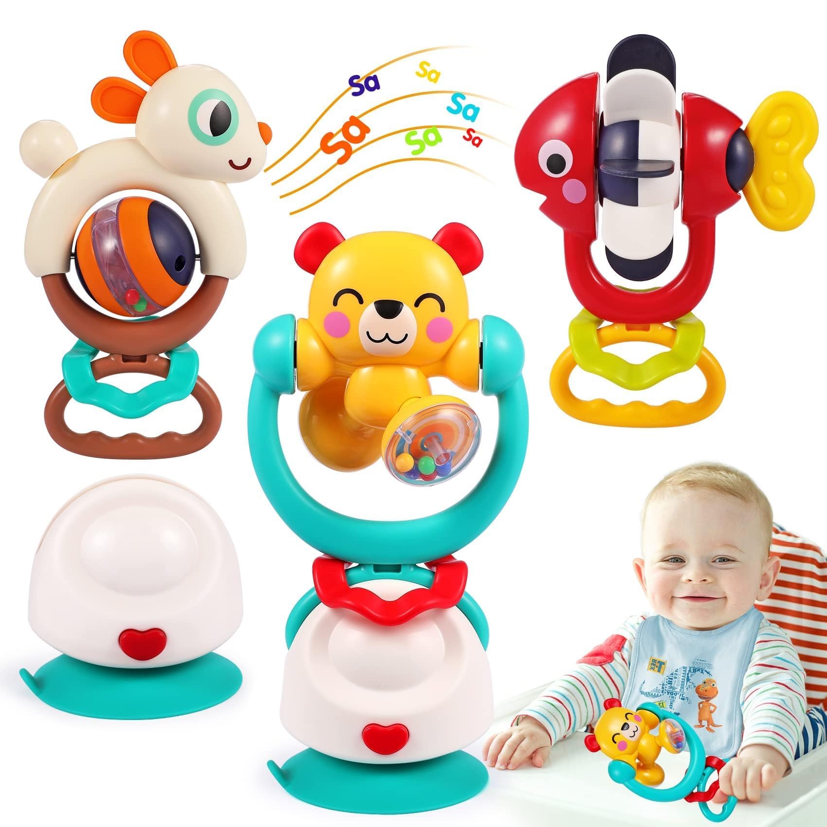 WITALENT red fish rattle on a high chair for visual engagement.