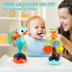WITALENT owl suction rattle on tray boosts sensory engagement during meals.