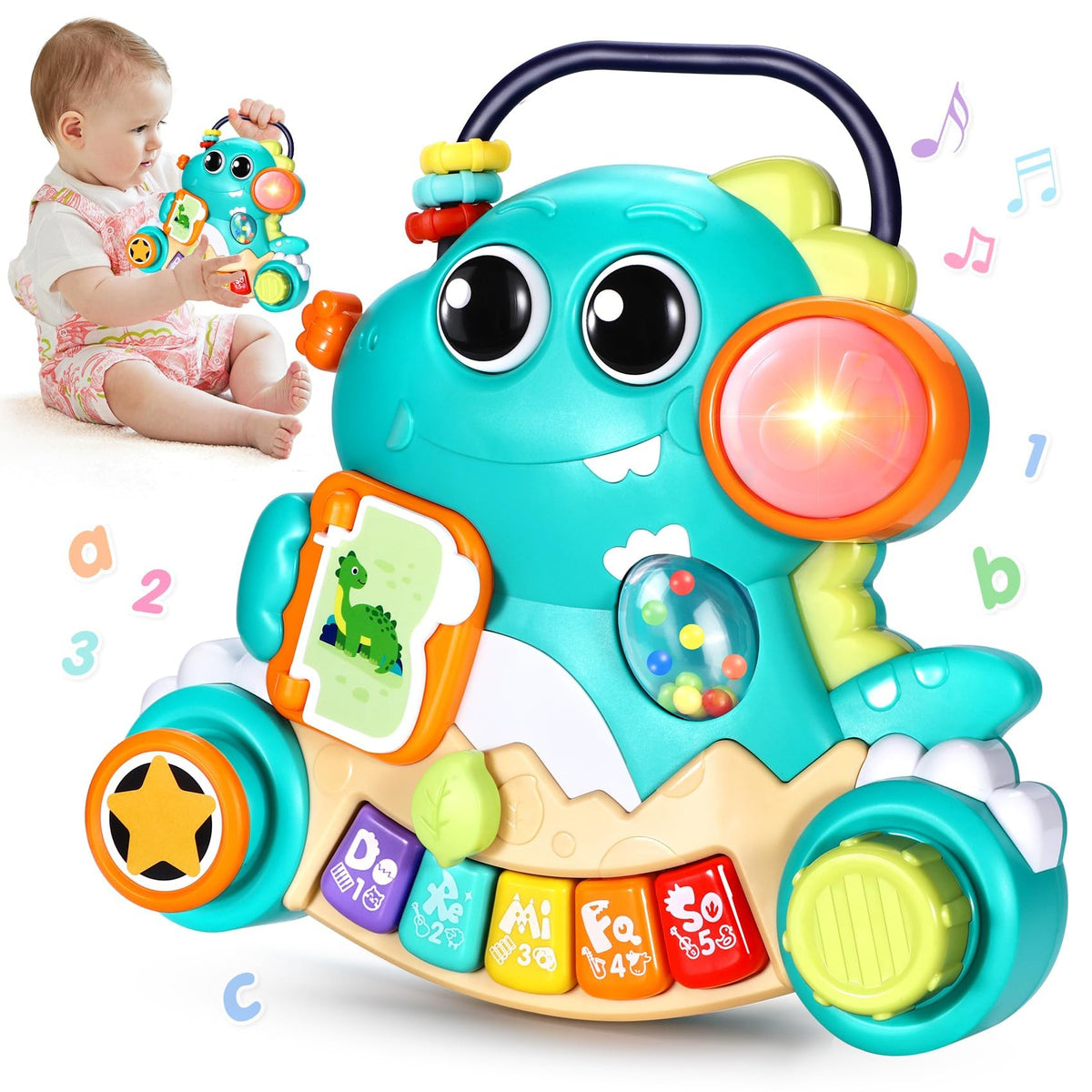 WITALENT dinosaur piano light-up toy for visual tracking and auditory play.
