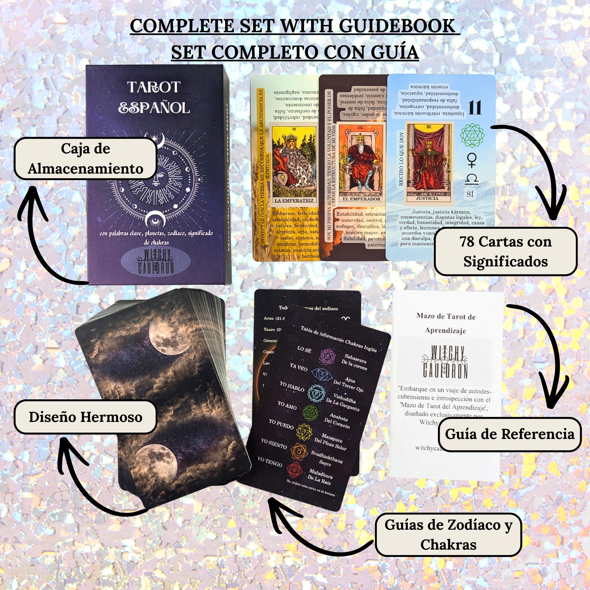 Witchy Cauldron Spanish tarot cards with chakra and element symbolism