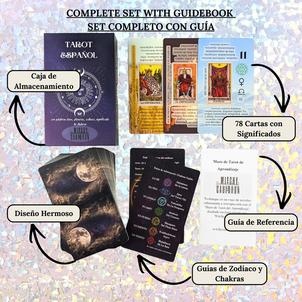 Witchy Cauldron Spanish tarot cards with chakra and element symbolism