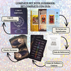 Witchy Cauldron Spanish tarot cards with chakra and element symbolism