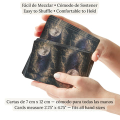 Witchy Cauldron Spanish tarot cards featuring zodiac and planet symbols