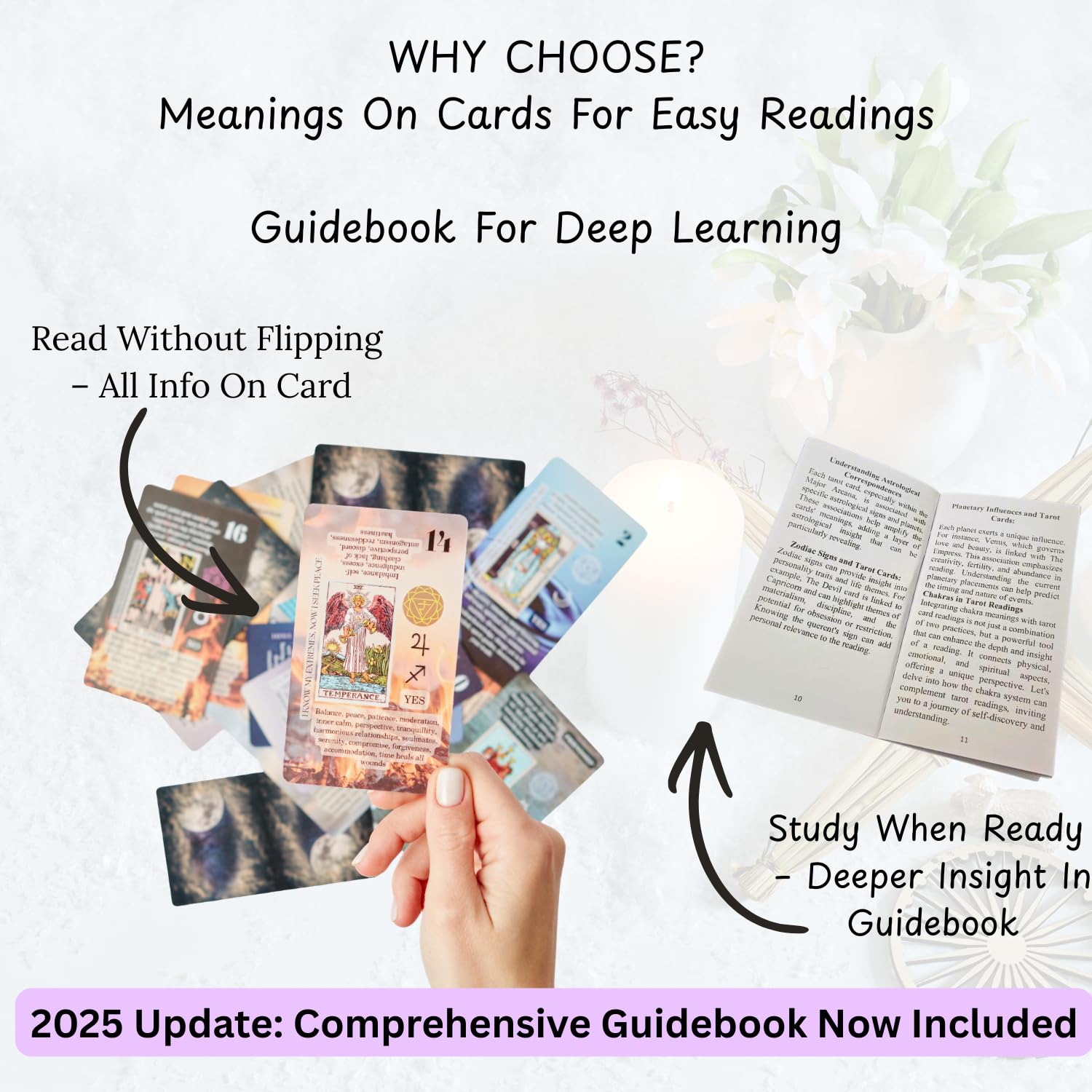Witchy Cauldron cards face with meanings—on-card guidance speeds practice.
