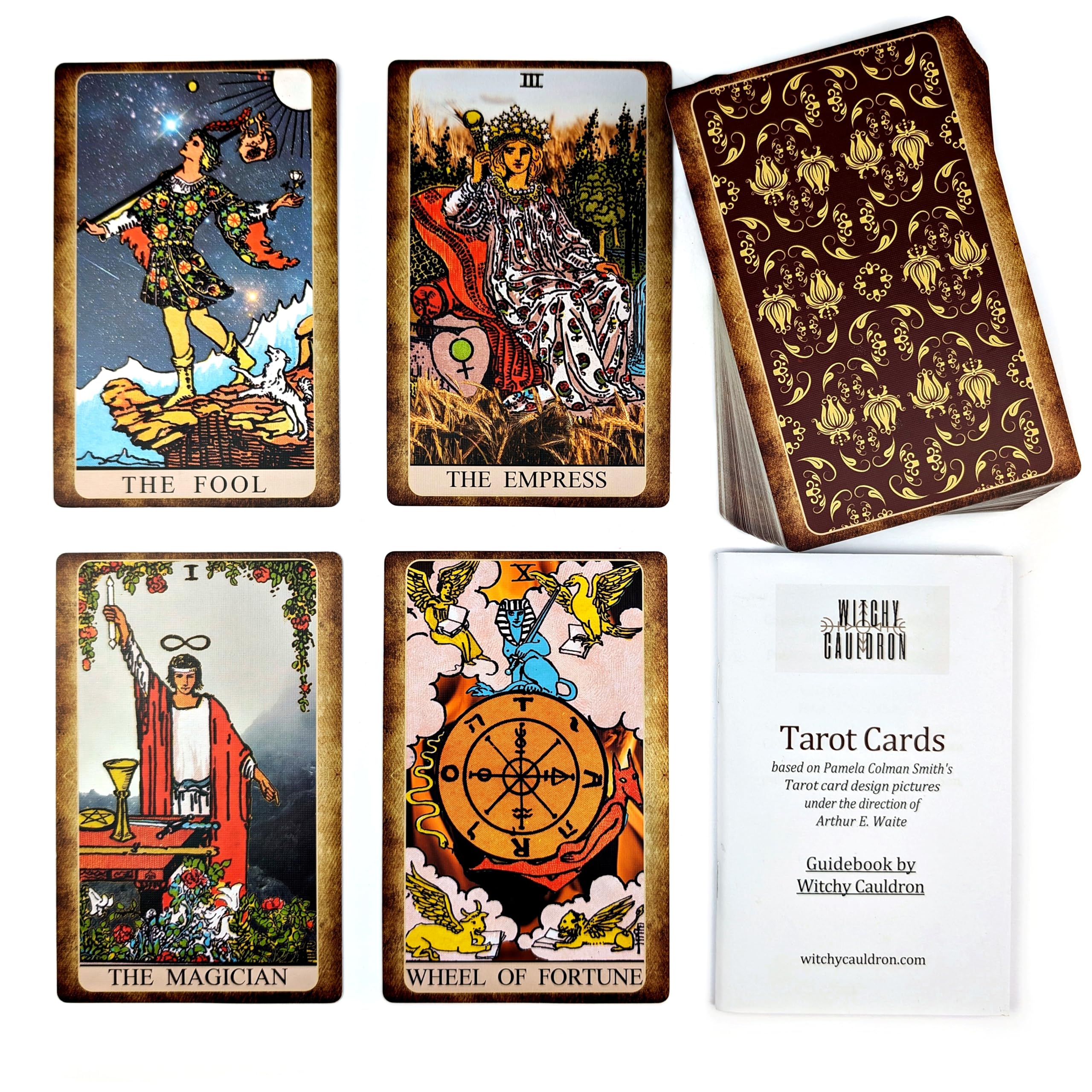 Witchy Cauldron tarot cards guidebook inside for beginner-friendly learning and symbolism.