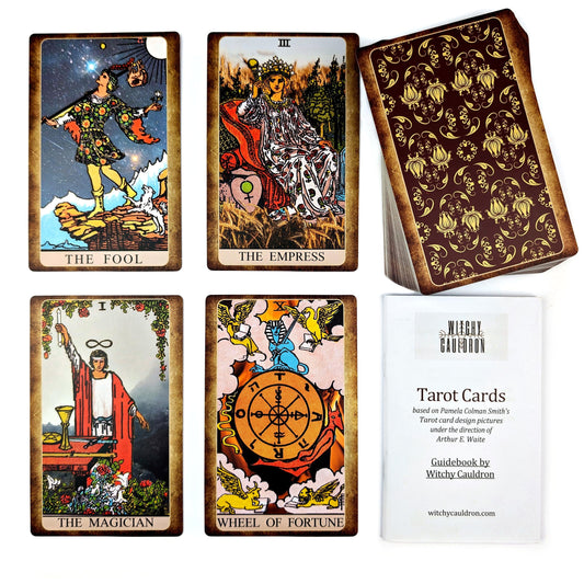 Witchy Cauldron tarot cards guidebook inside for beginner-friendly learning and symbolism.