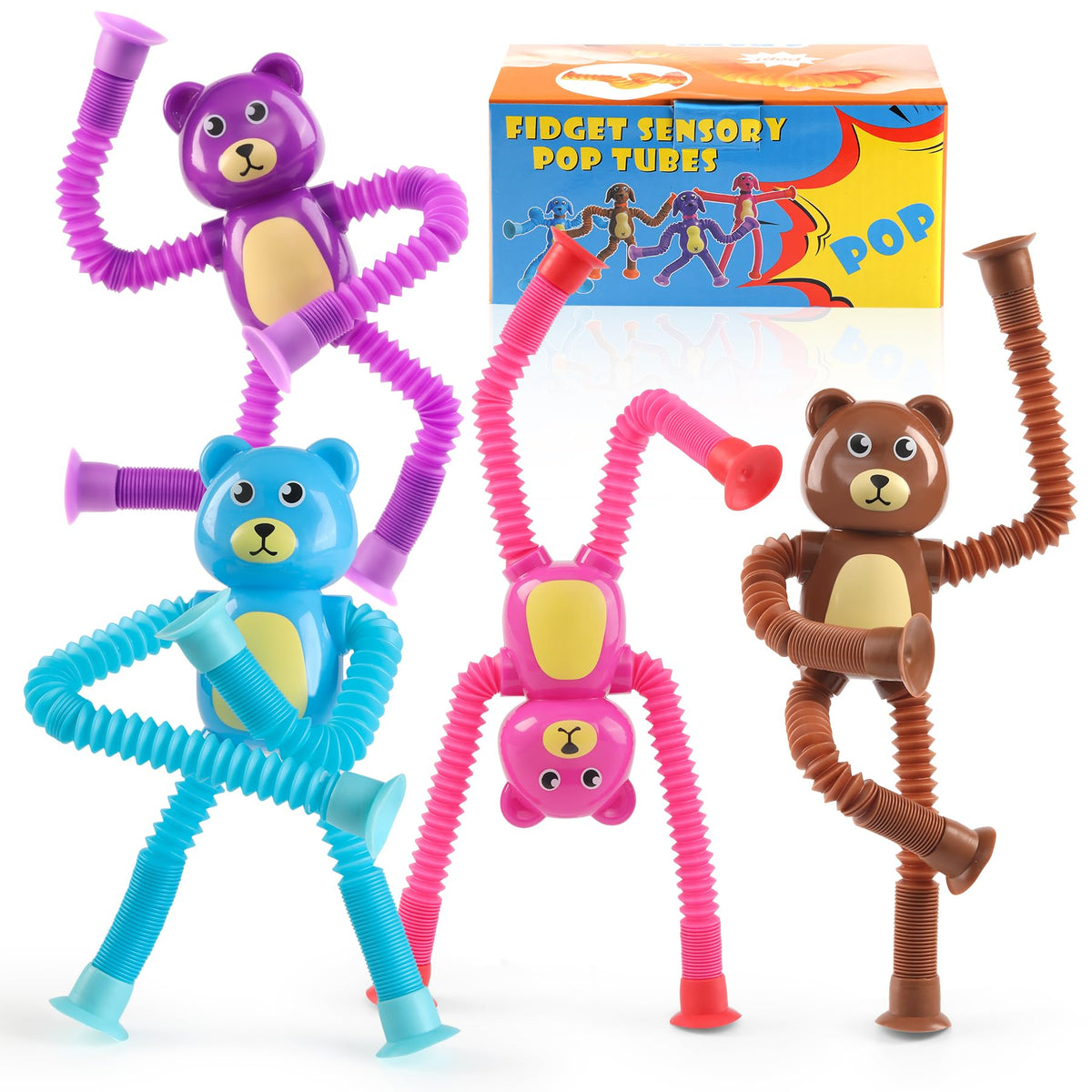 Witmelt bear pop tubes extended for tactile exploration and fine motor play.