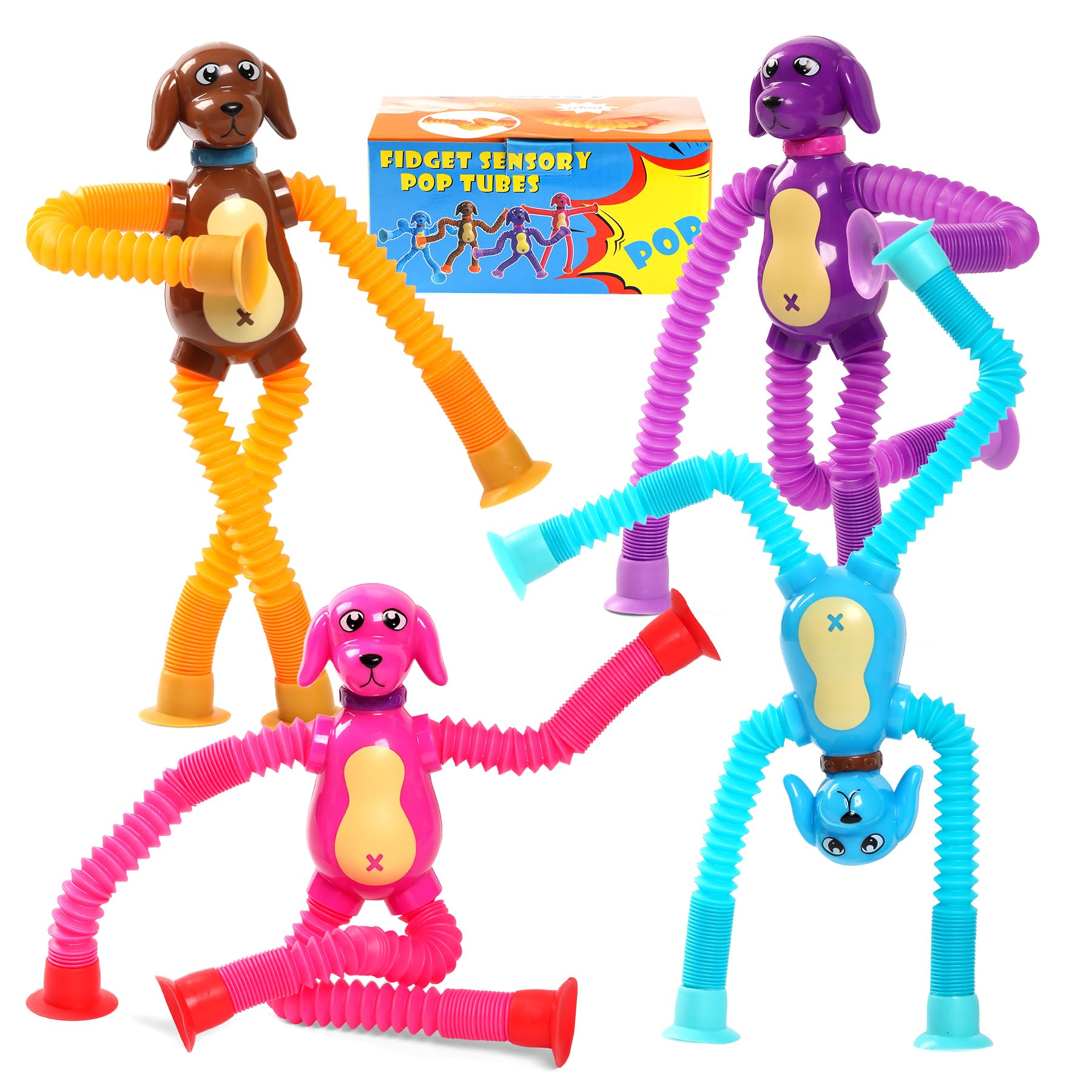 Witmelt pop tubes suction toy: bright colors for tactile and auditory play on smooth surfaces.