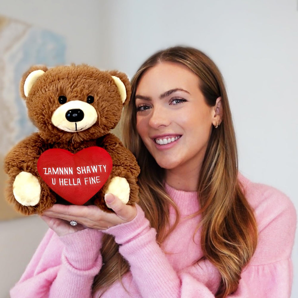 Shawty bear hugging pose highlights cuddliness and warmth.