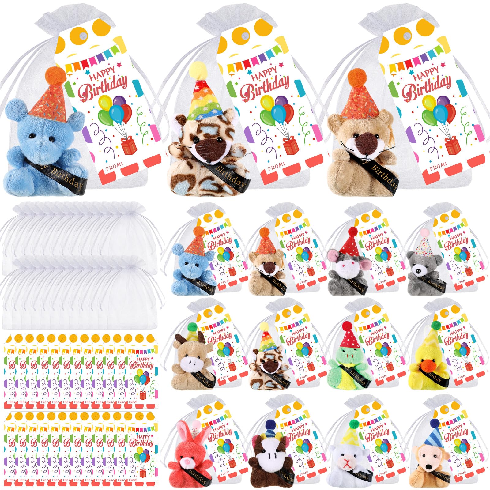 Wiwiqing birthday plush animals collection with colorful hats for party decor and favors.