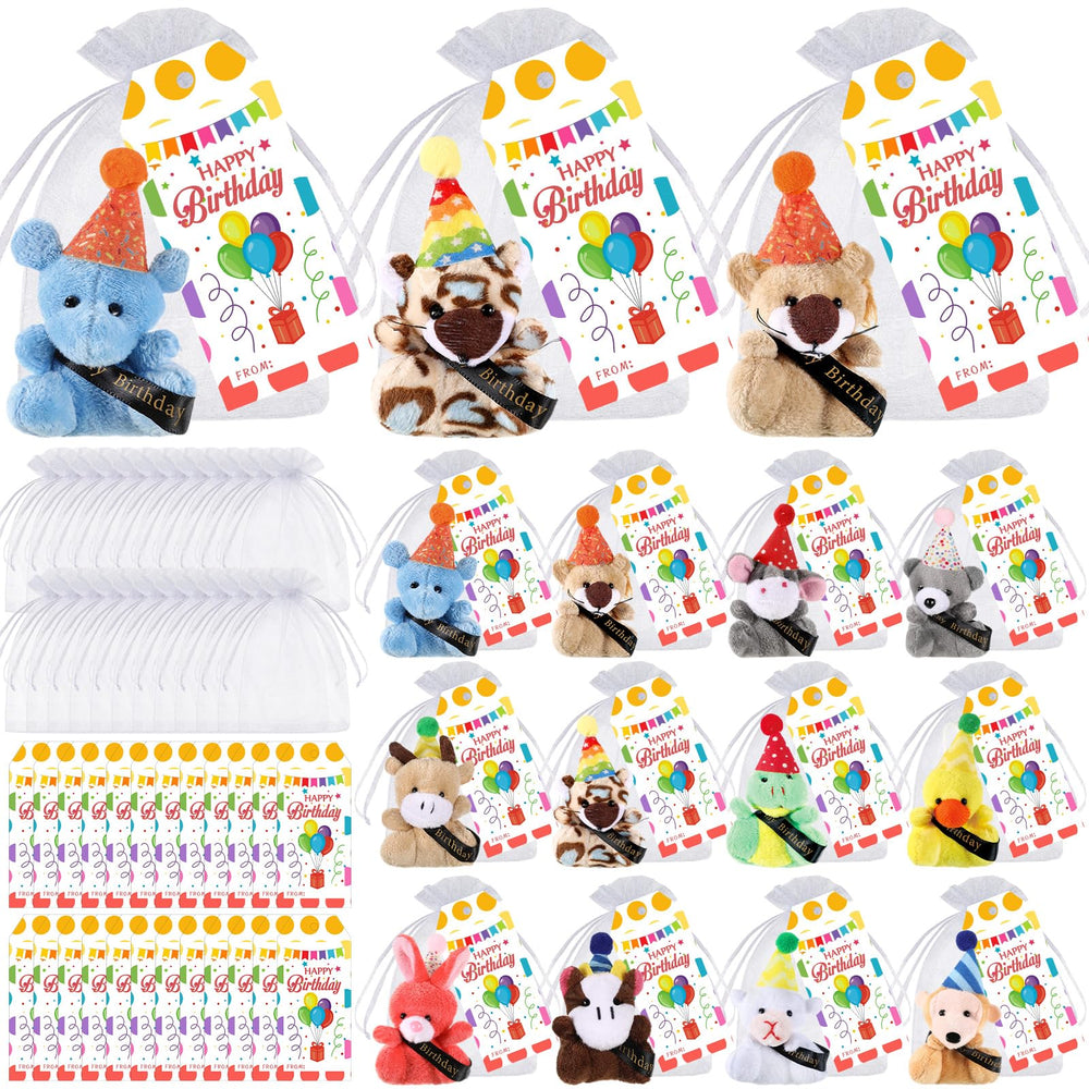 Wiwiqing birthday plush animals collection with colorful hats for party decor and favors.