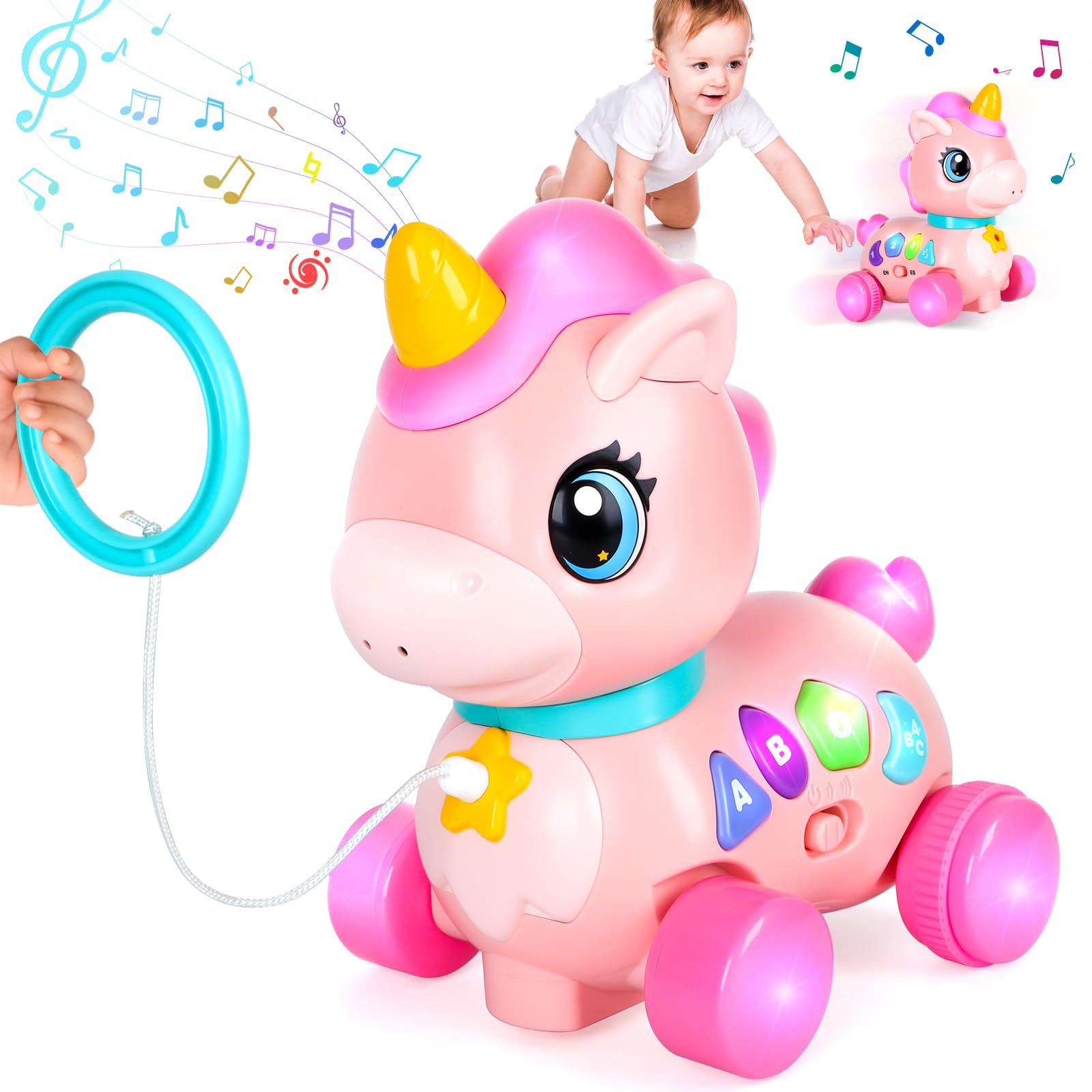 WixbFyn baby unicorn toy with music and lights for sensory play.