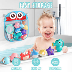 Wixlon fishing net bath toy enhances scooping play and hand-eye coordination