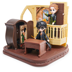 Wizarding World Defense classroom bench with Harry Potter figure ready for spell practice.
