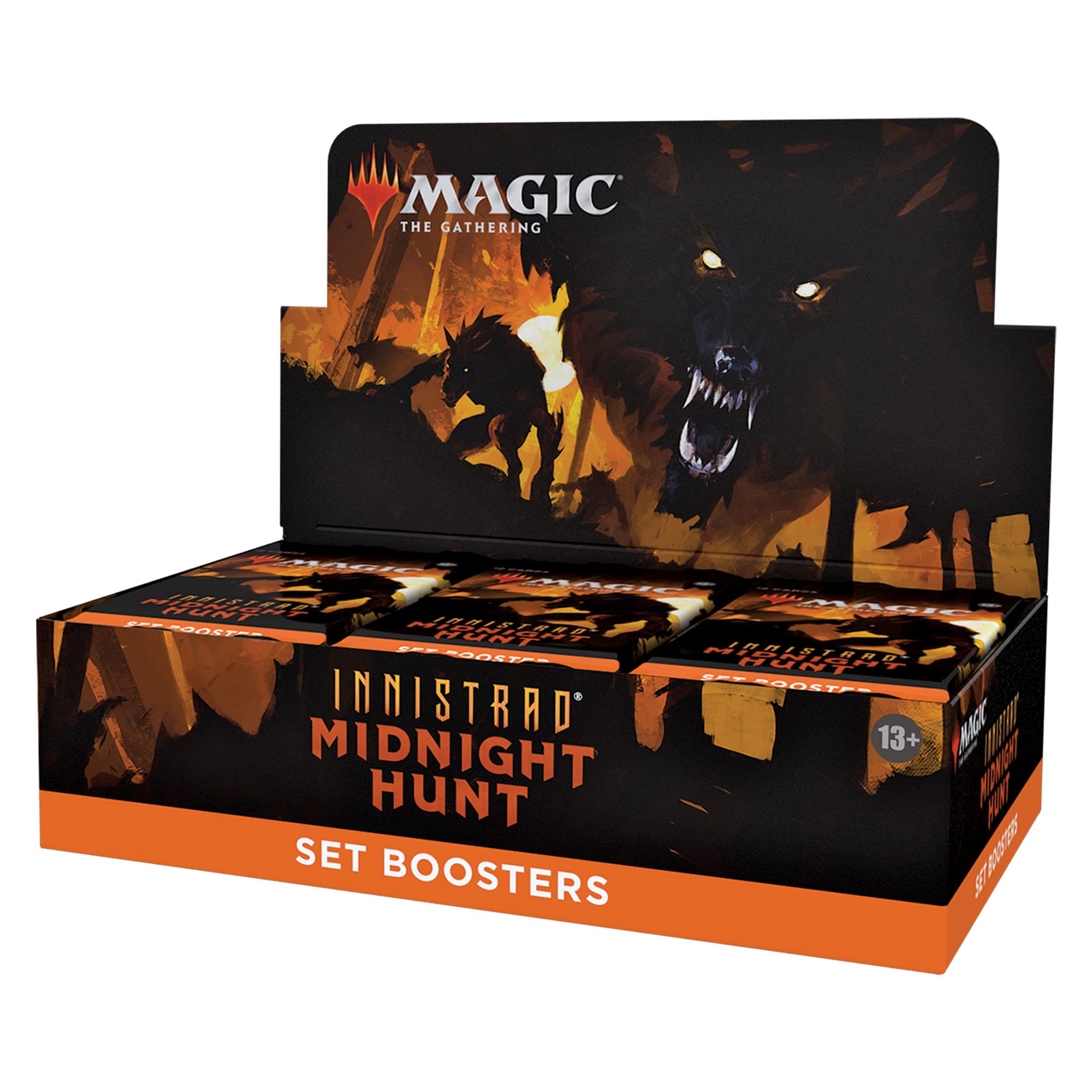 Wizards of the Coast Innistrad Midnight Hunt booster box front, ideal for display and collection.