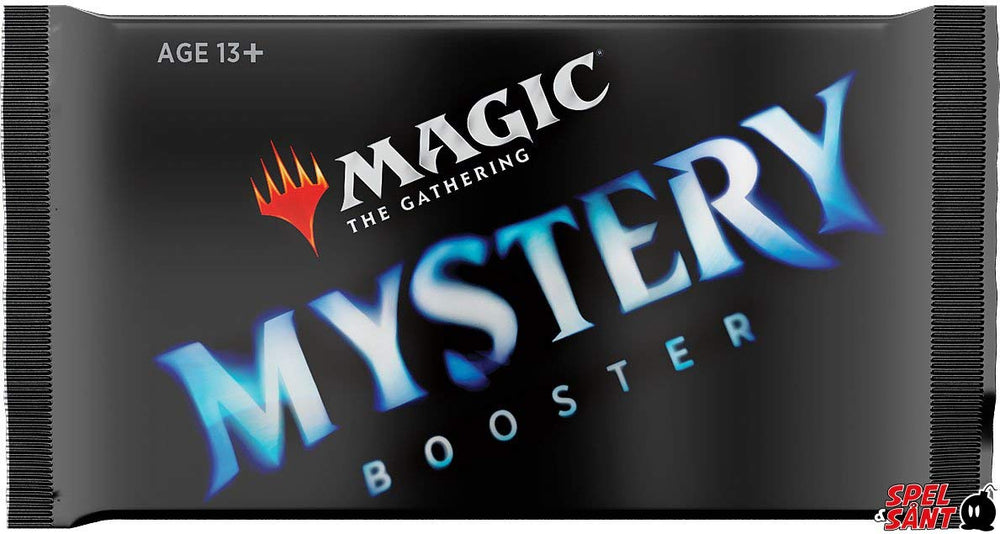 Wizards of the Coast Mystery Booster packet showing 15 MTG cards for collectors and nostalgia