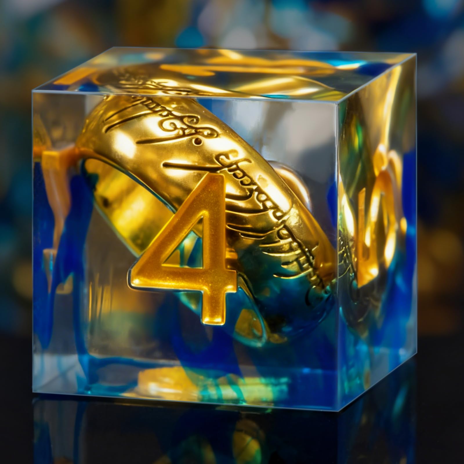 WizardsArcanum magic ring DND dice set blue with iron box for tabletop play.