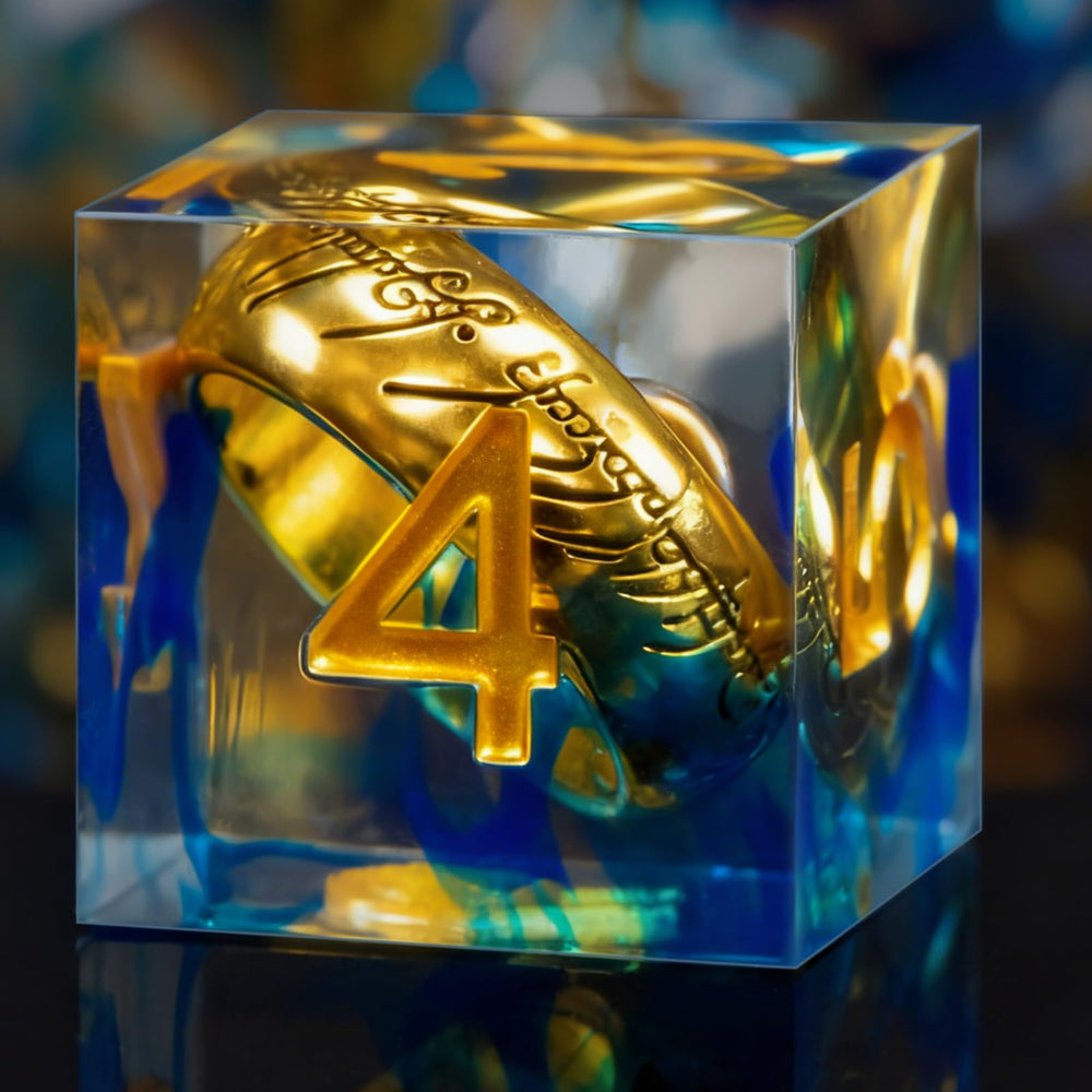 WizardsArcanum magic ring DND dice set blue with iron box for tabletop play.