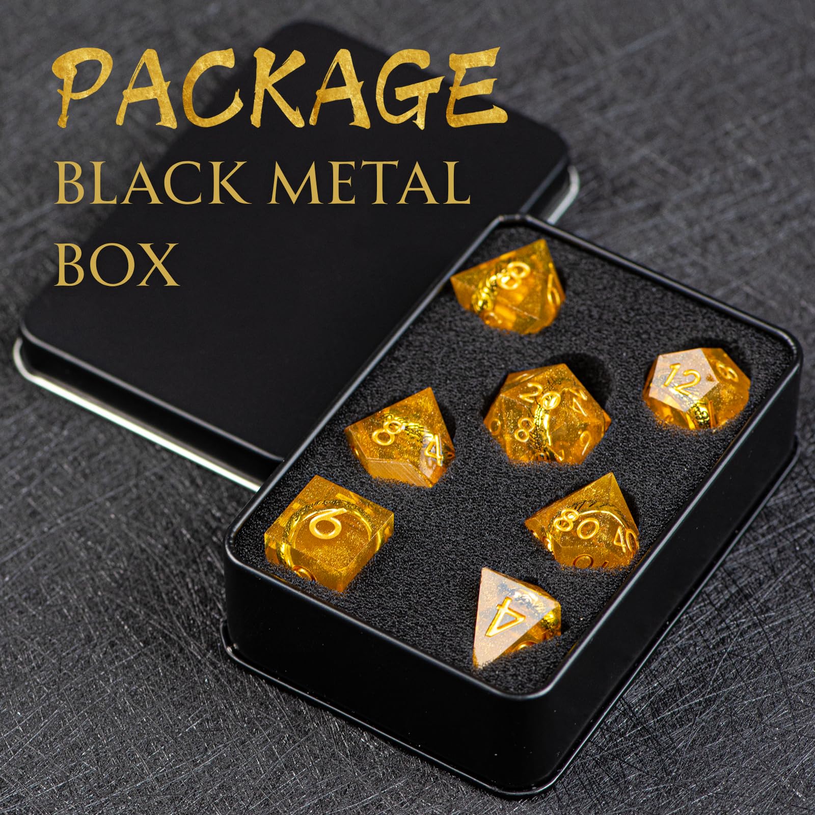 WizardsArcanum seven-die set includes D4 D6 D8 D10 D12 Dpercent D20 for gameplay.