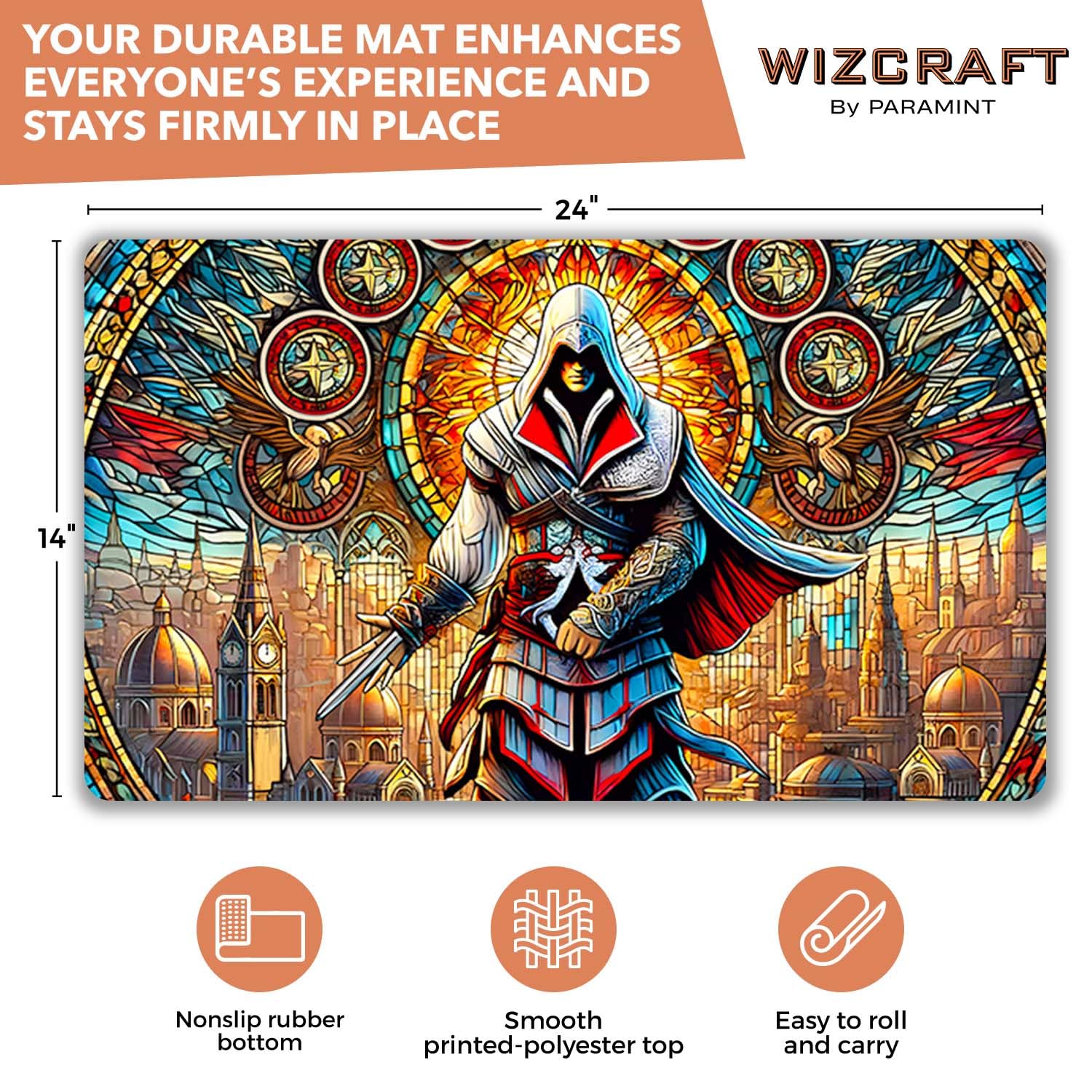 Wizcraft Gaming stained glass assassin playmat art detail highlighting vivid fantasy design