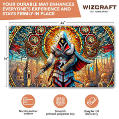 Wizcraft Gaming stained glass assassin playmat art detail highlighting vivid fantasy design