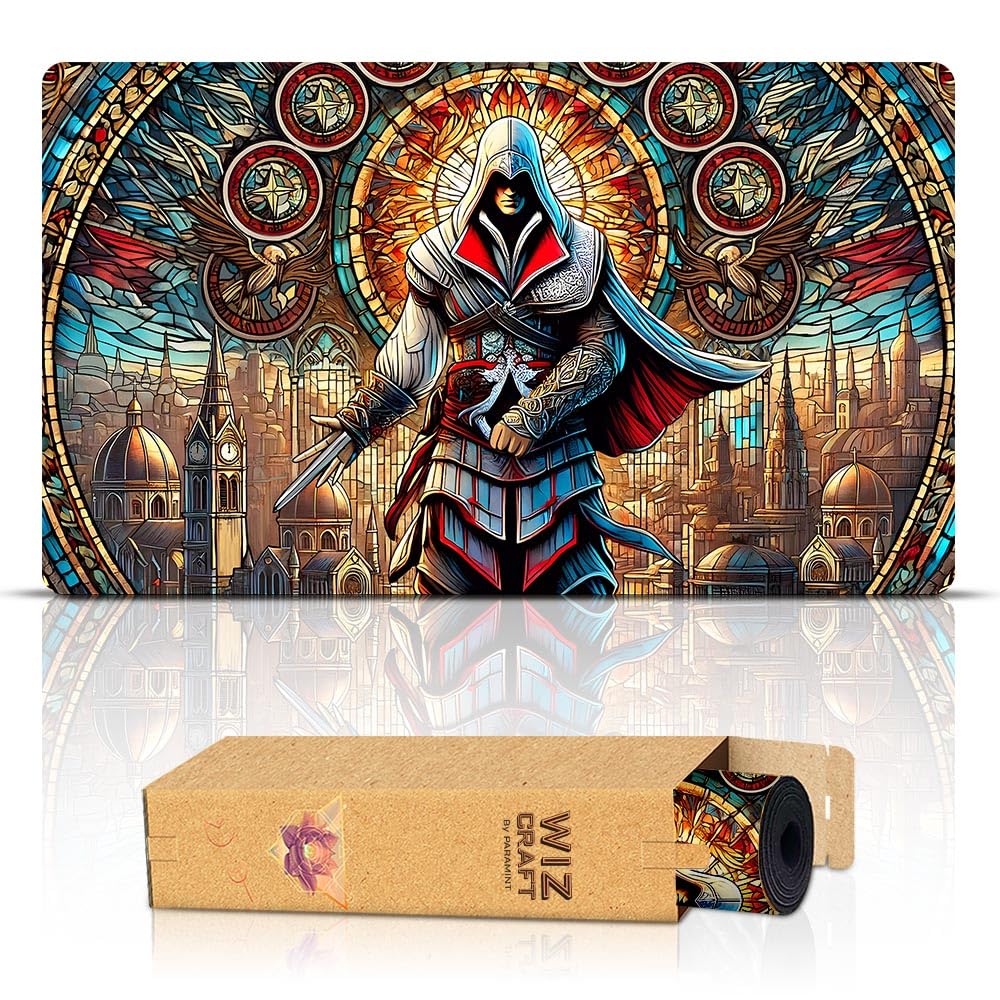 Wizcraft Gaming stained glass assassin playmat front view showing battle-ready surface