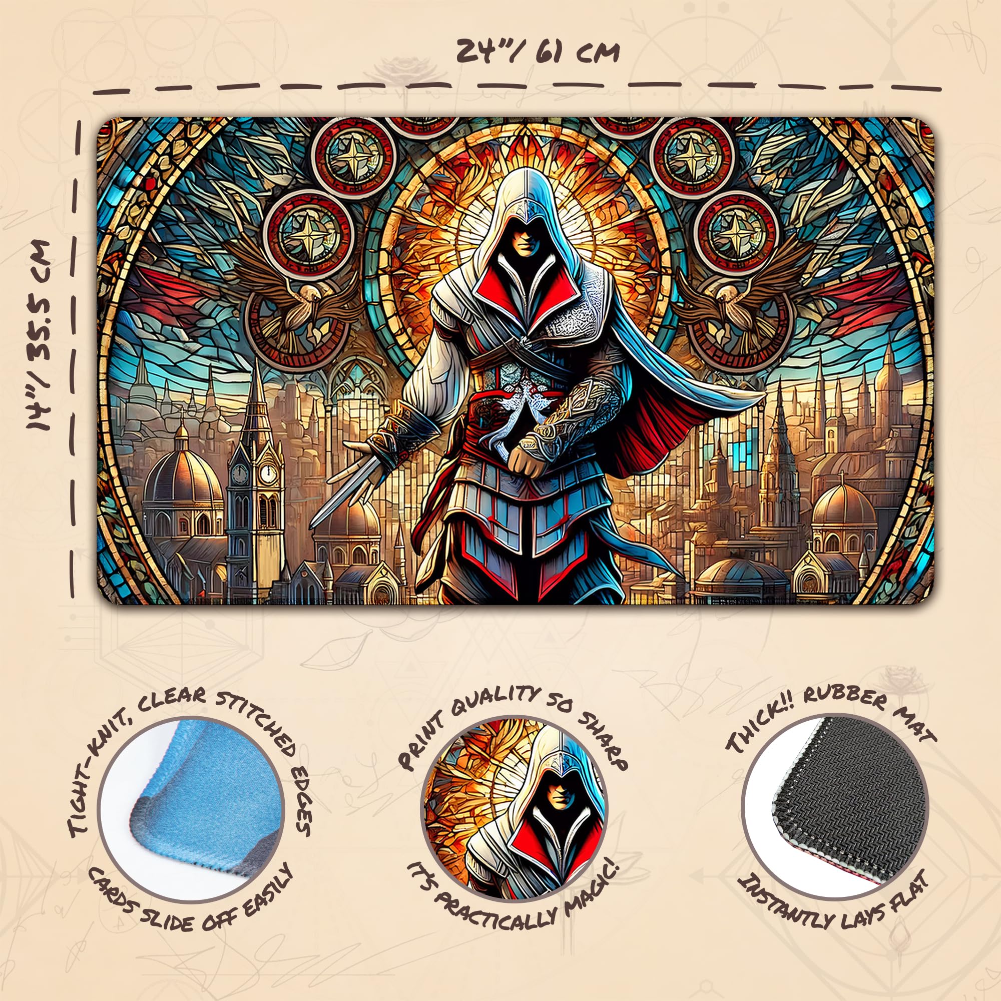 Wizcraft Gaming stained glass assassin playmat non-slip backing in action