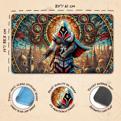 Wizcraft Gaming stained glass assassin playmat non-slip backing in action