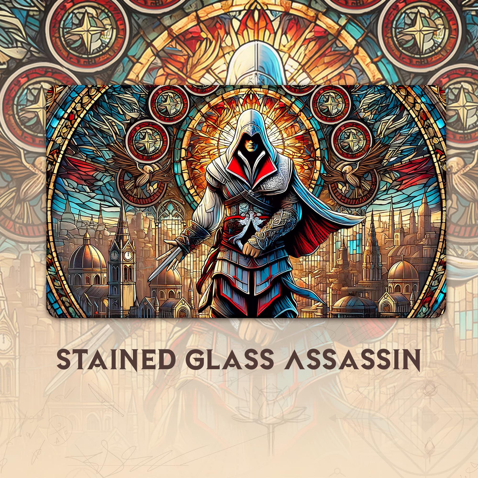 Wizcraft Gaming stained glass assassin playmat stitching and edge finish for durability