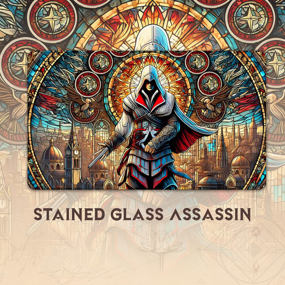 Wizcraft Gaming stained glass assassin playmat stitching and edge finish for durability