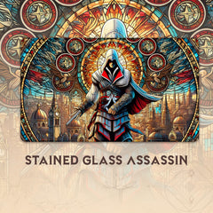 Wizcraft Gaming stained glass assassin playmat stitching and edge finish for durability