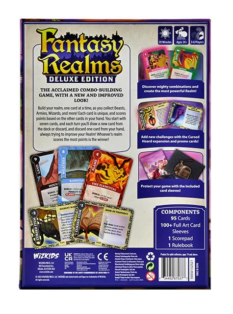 WizKids Fantasy Realms Deluxe components laid out including expansion and sleeves for durability