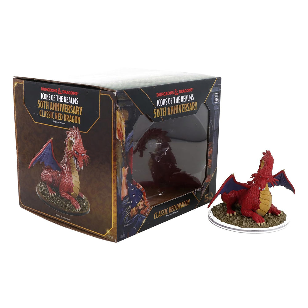 WizKids Icons of the Realms 50th Anniversary red dragon boxed miniature on display-ready base for battles