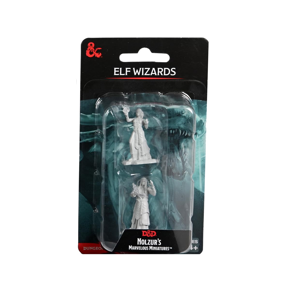 WizKids Nolzur's Elf Wizard miniature, front view, primed for quick painting and tabletop use.