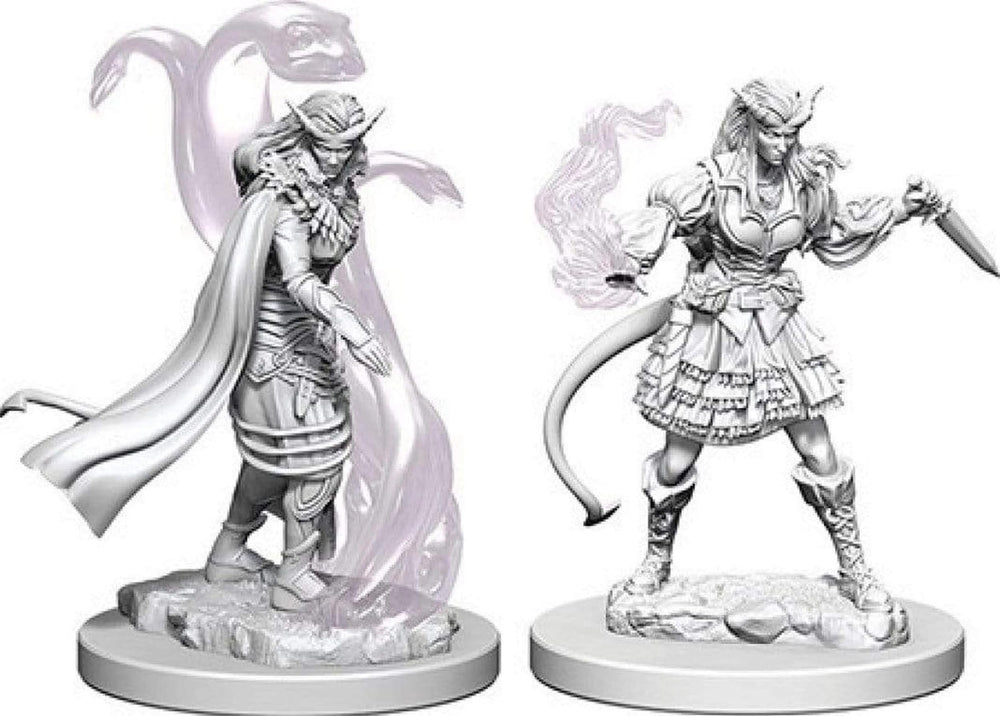 WizKids Nolzur's Female Tiefling Warlock miniature with translucent parts for vibrant presentation.