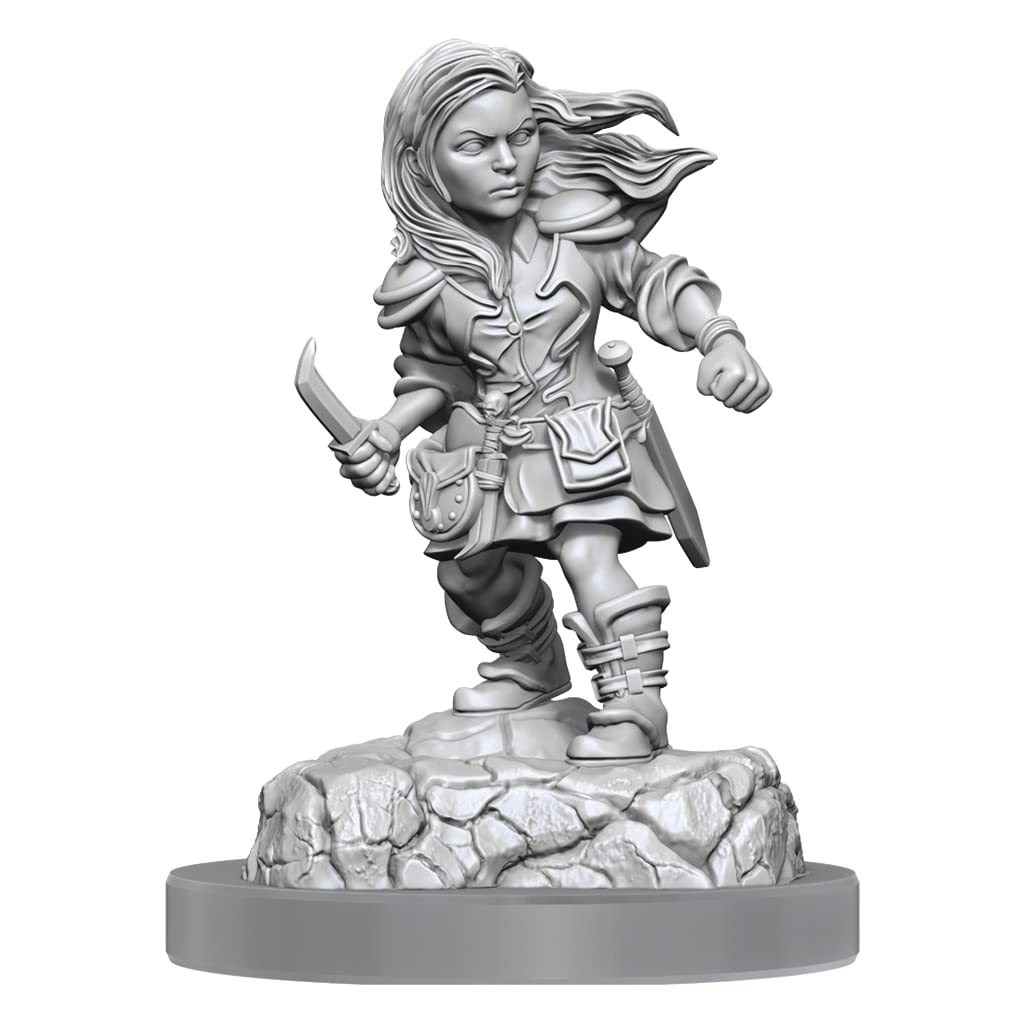 WizKids Nolzur's Halfling Rogue Female miniature, ready to prime for tabletop adventures.