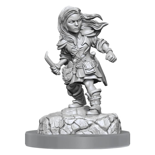 WizKids Nolzur's Halfling Rogue Female miniature, ready to prime for tabletop adventures.