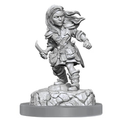 WizKids Nolzur's Halfling Rogue Female miniature, ready to prime for tabletop adventures.