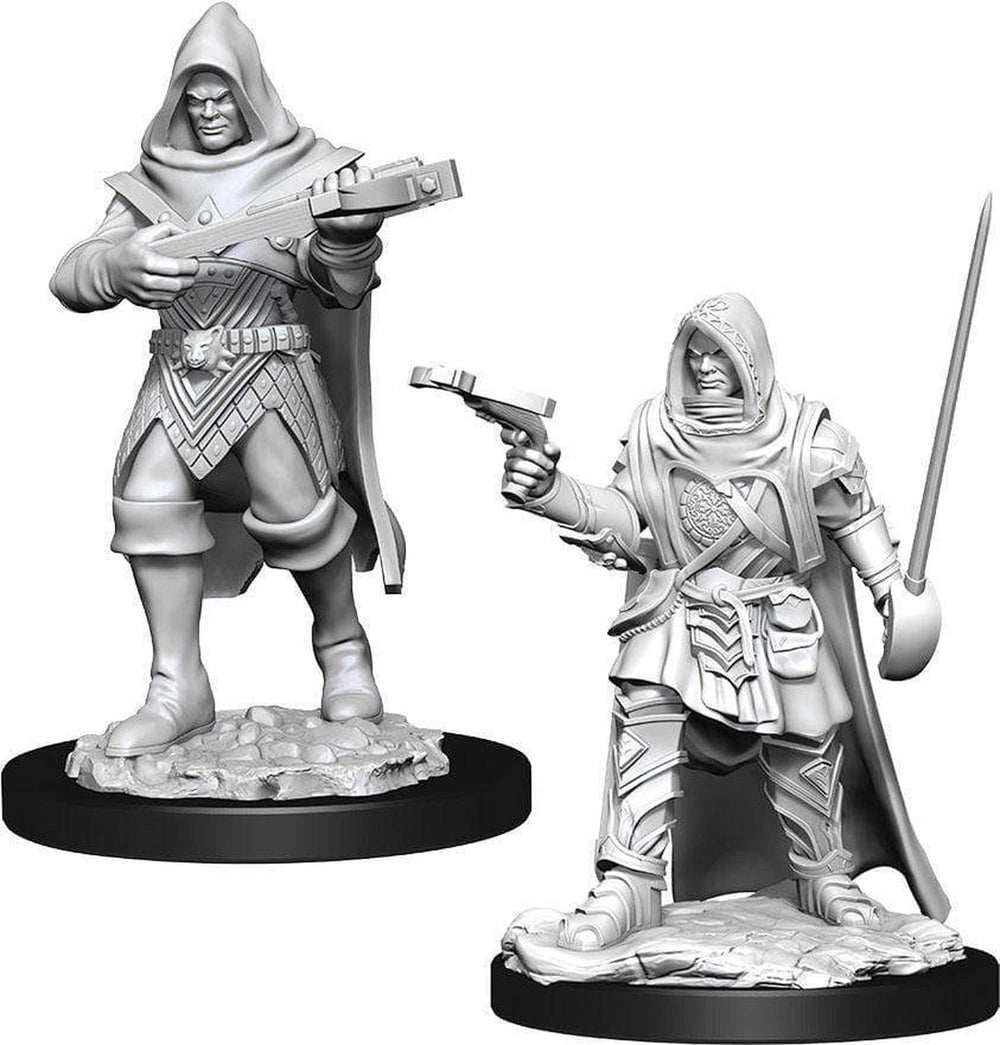 WizKids Nolzur's Human Rogue Male unpainted miniature, ideal for painting practice and RPG gameplay.