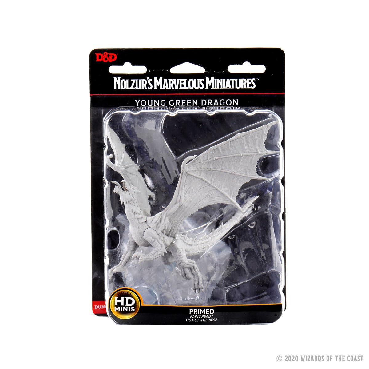 WizKids Nolzur's Young Green Dragon miniature, front view, ideal for quick painting setup.