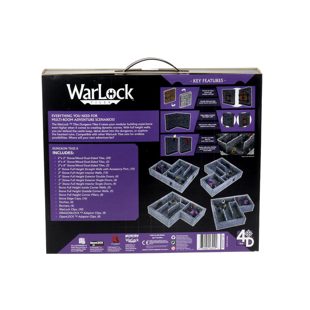WizKids Warlock Tiles double-sided walls in stone and wood for versatile scenes.