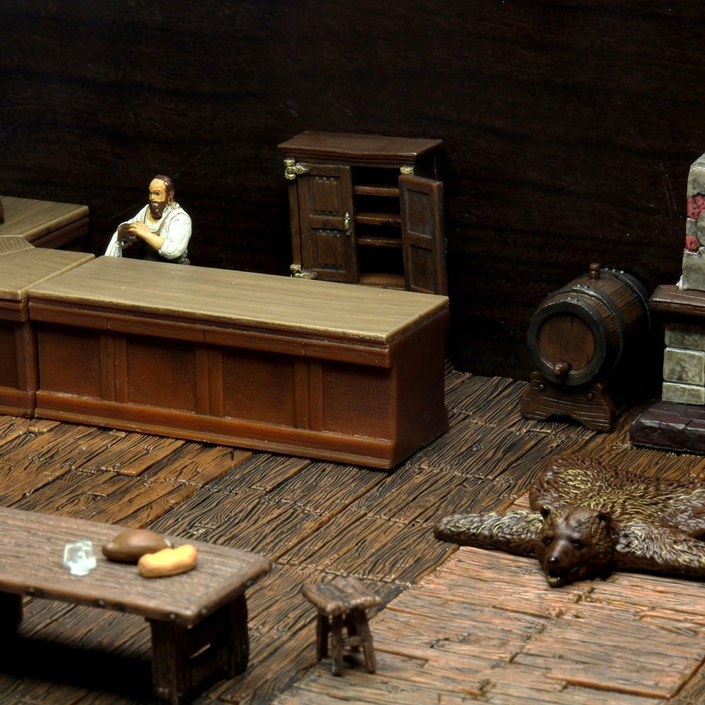 WizKids Warlock Tiles lit stone fireplace creates inviting ambience.